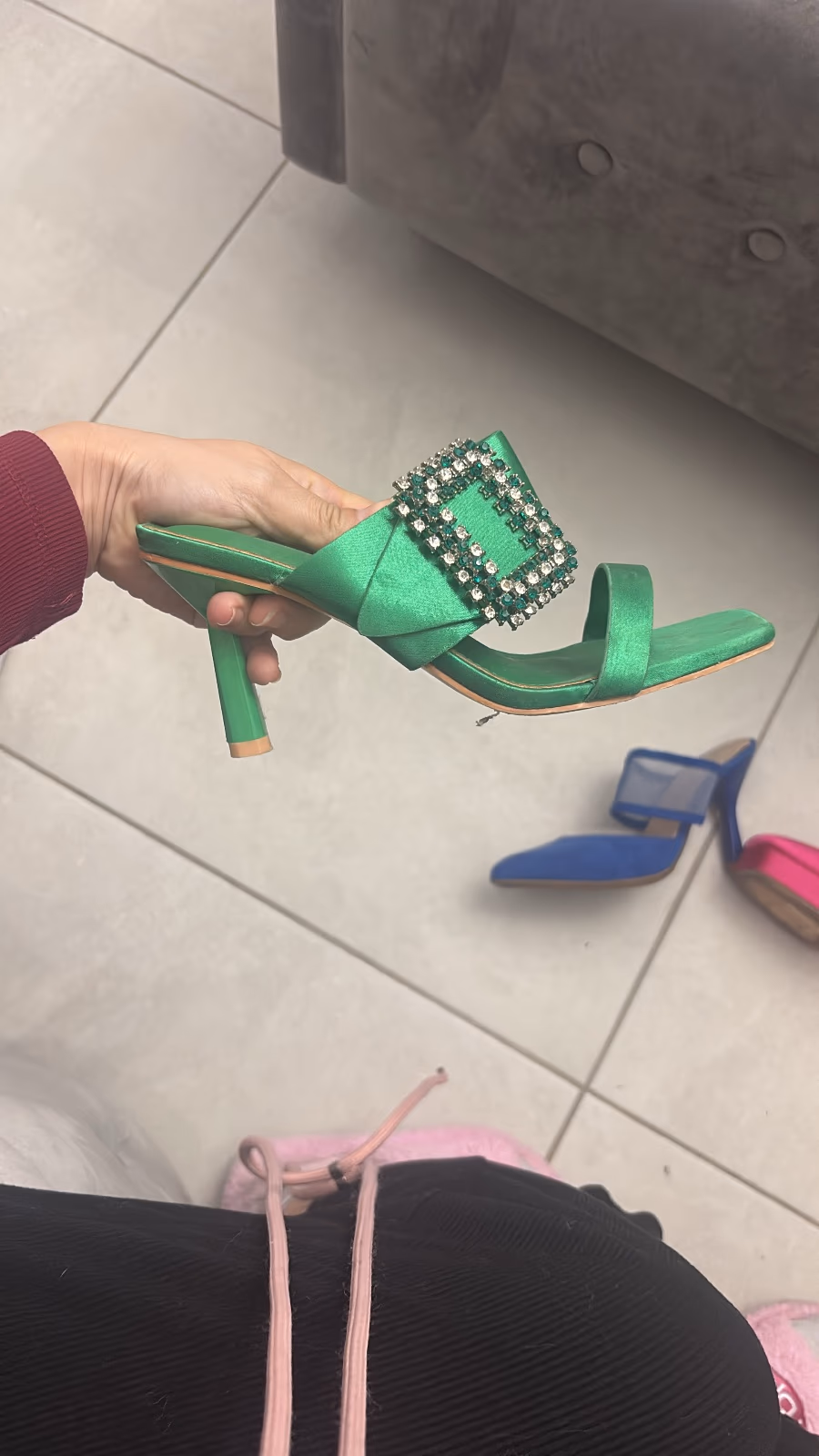 Green Satin Rhinestone Mule Heels, photo 2