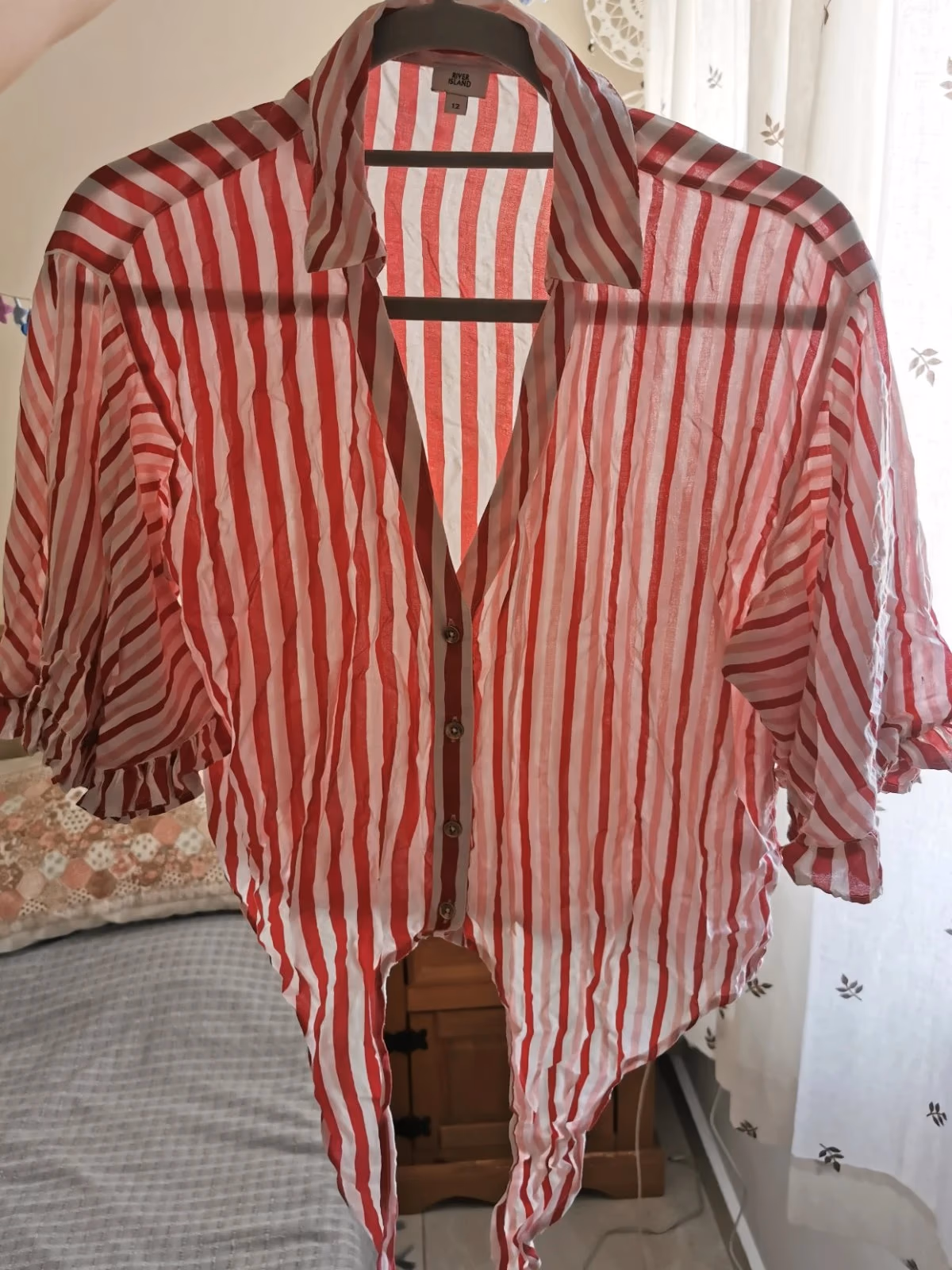 Blusa de verão às riscas com mangas originais, tecido de alta qualidade, tamanho M, fotografia 5